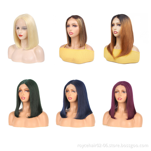 Wholesale Red Colored Human Hair Bob Cut Wig 100% Peruvian Human Hair 150% Density 99j T Part Lace Front Wig For Women